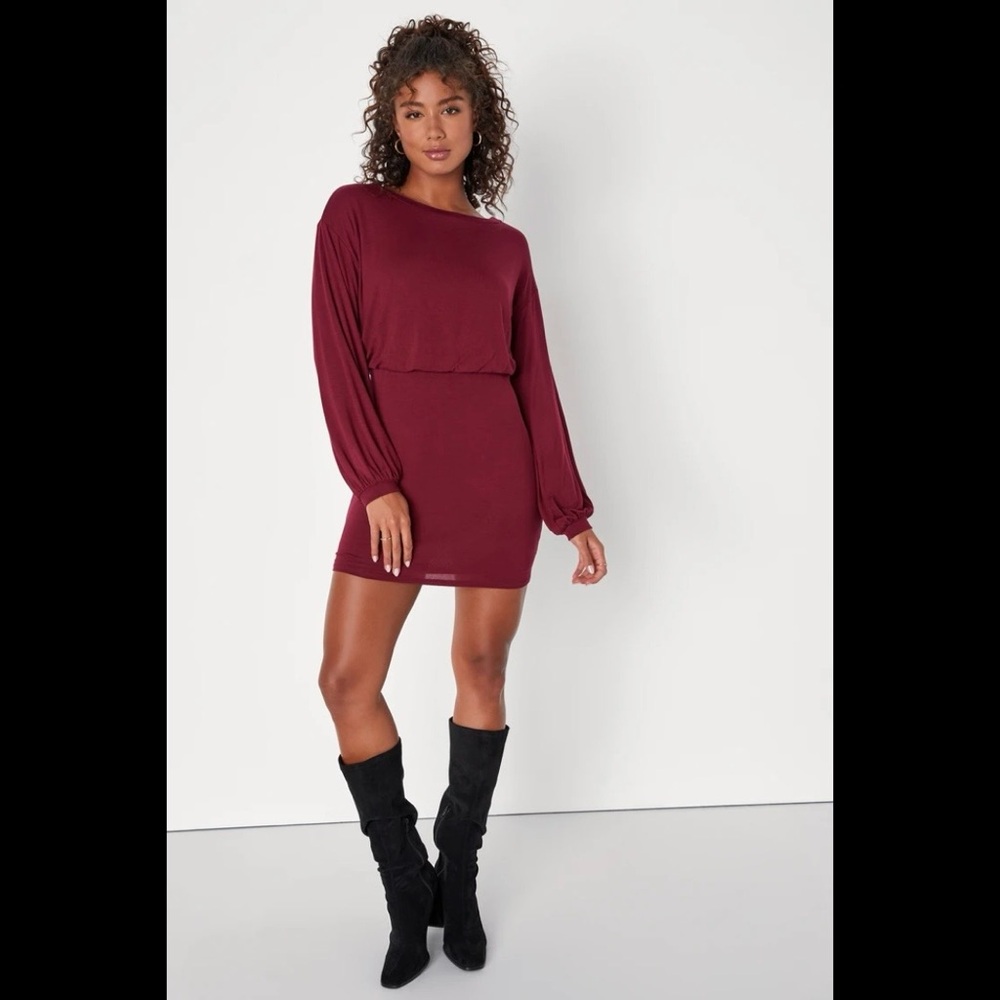 NWT LULUS Casual Charmer Burgundy Long Sleeve Bodycon Mini Dress